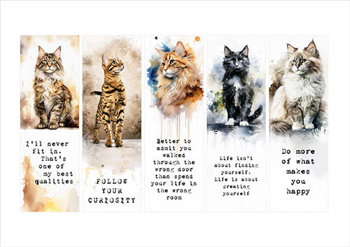 5 bookmarks with cats and a quote